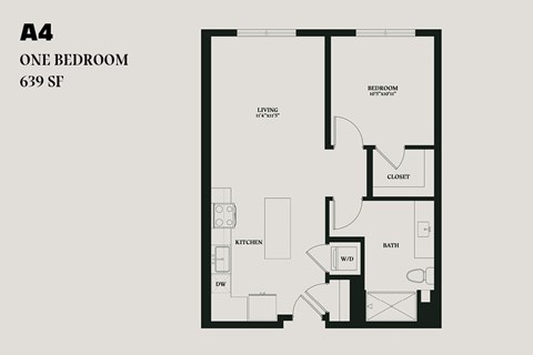 Floor plan for 1 bed, 1 bath, 639 sqft